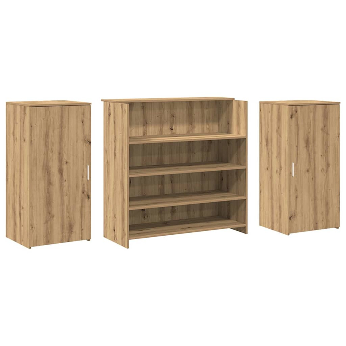Dreiteiliges Schrankset, zwei Seitenschränke und ein Regal in der Mitte. Holzstruktur.