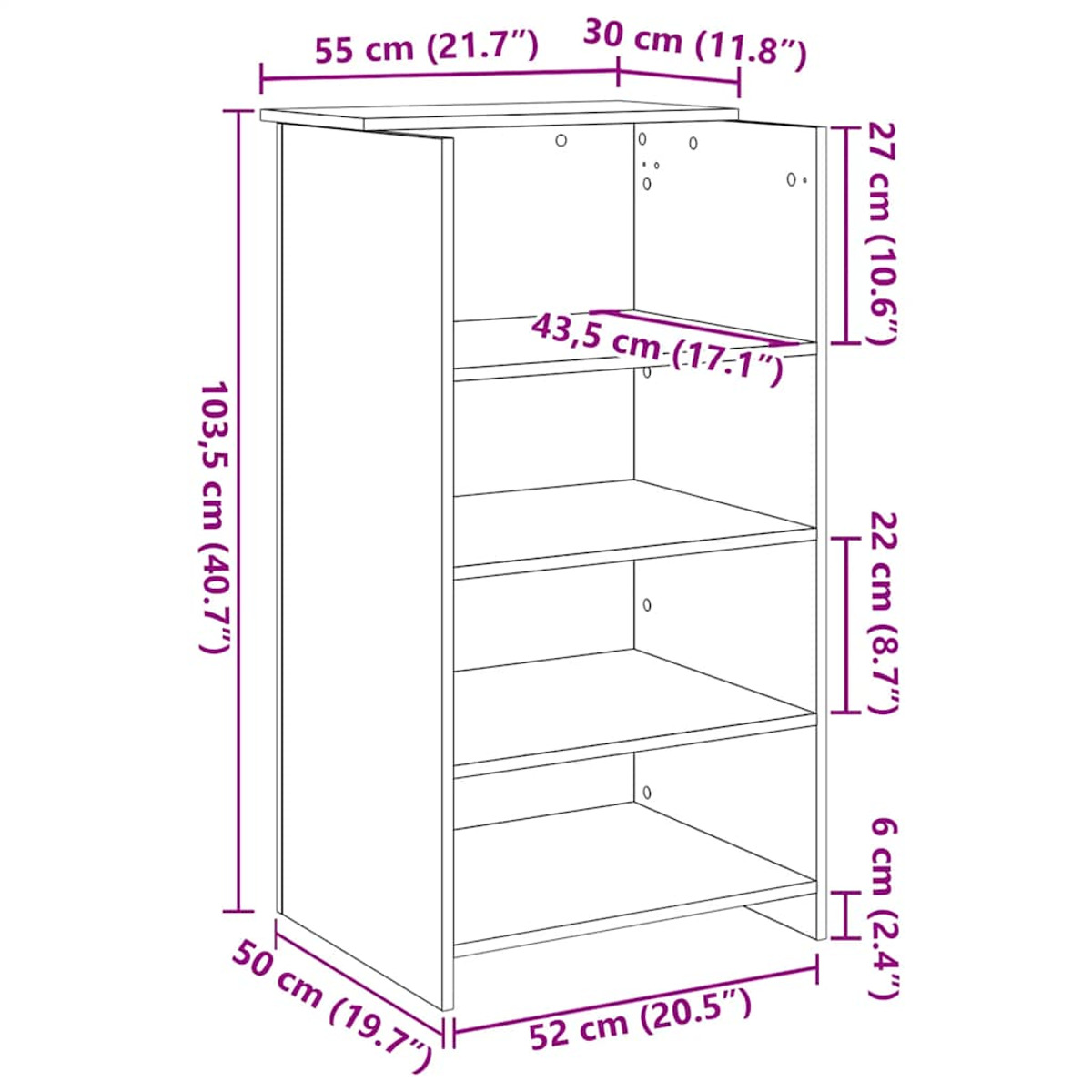 Ein weißer Schrank mit Regalen. Die Abmessungen sind angegeben: 103,5 cm hoch, 50 cm breit und 52 cm tief.