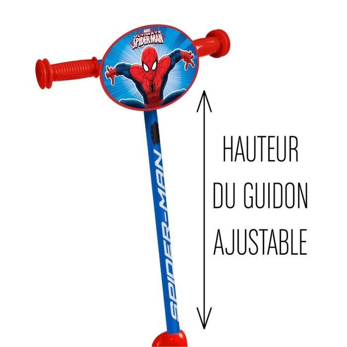 Ein Spider-Man-Roller für Kinder mit verstellbarer Lenkerhöhe. Rote und blaue Farben.