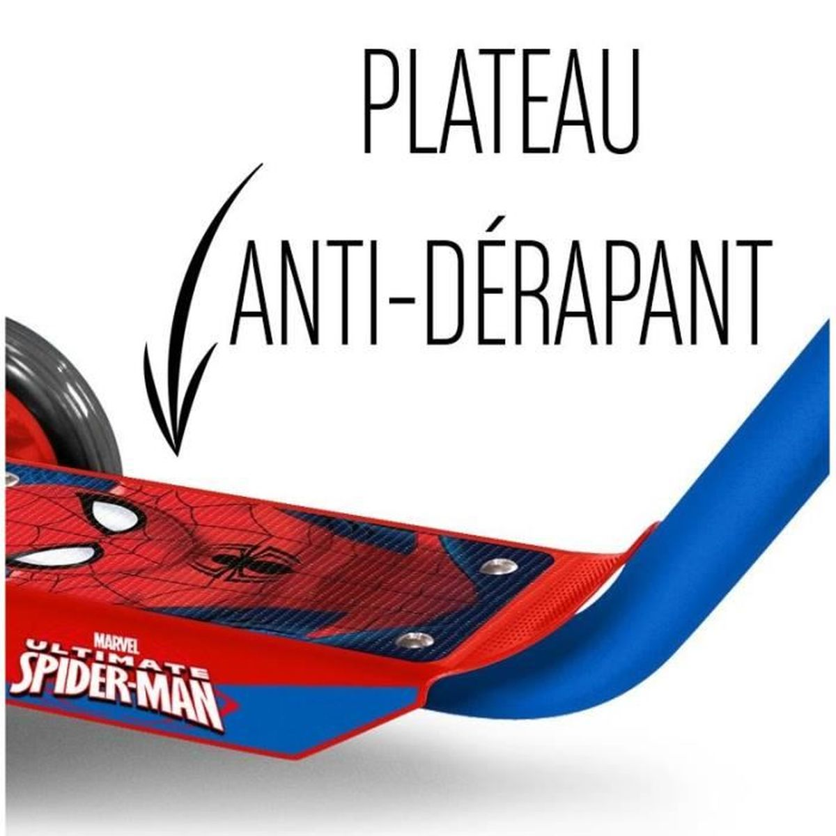 Eine Nahaufnahme einer roten und blauen Rollerplattform mit Spiderman-Logo und Text.