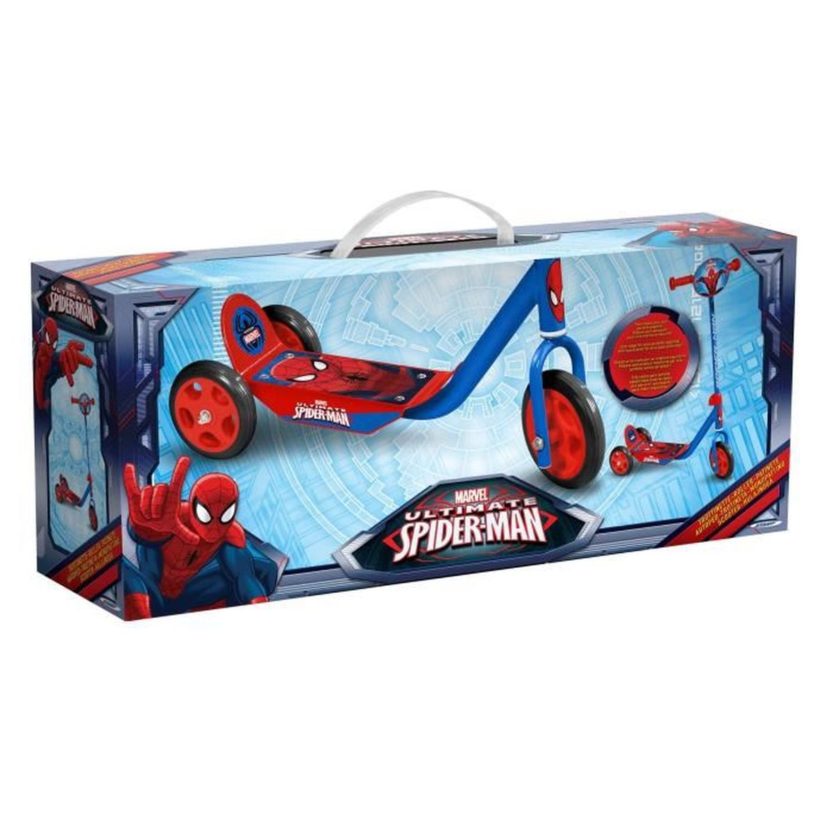 Ein Spider-Man-Roller in einer Box. Die Box hat Spider-Man-Grafiken.