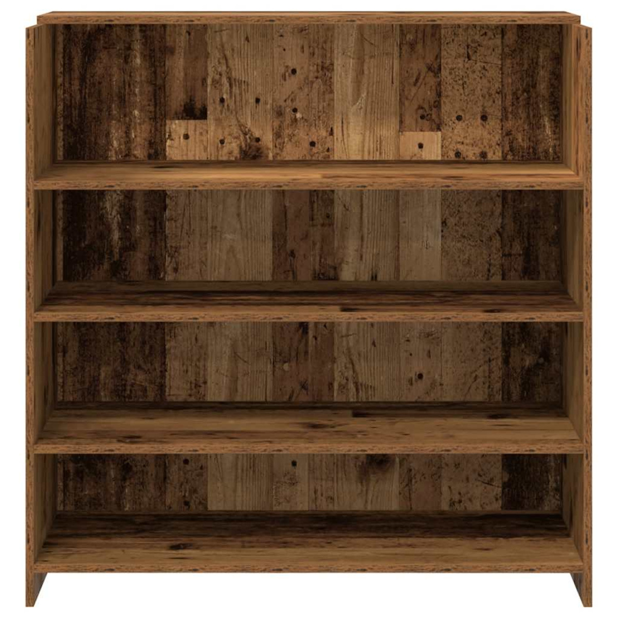 Bücherregal aus Holz mit vier Regalen. Das Holz hat ein rustikales, gealtertes Aussehen.