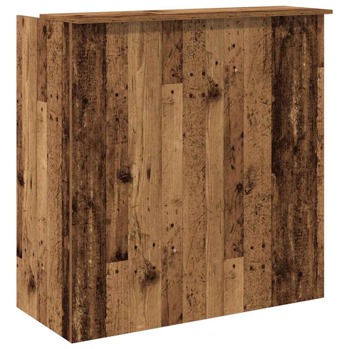 Holzschrank mit brauner Holzmaserung. Vertikale Holzbretter. Draufsicht.