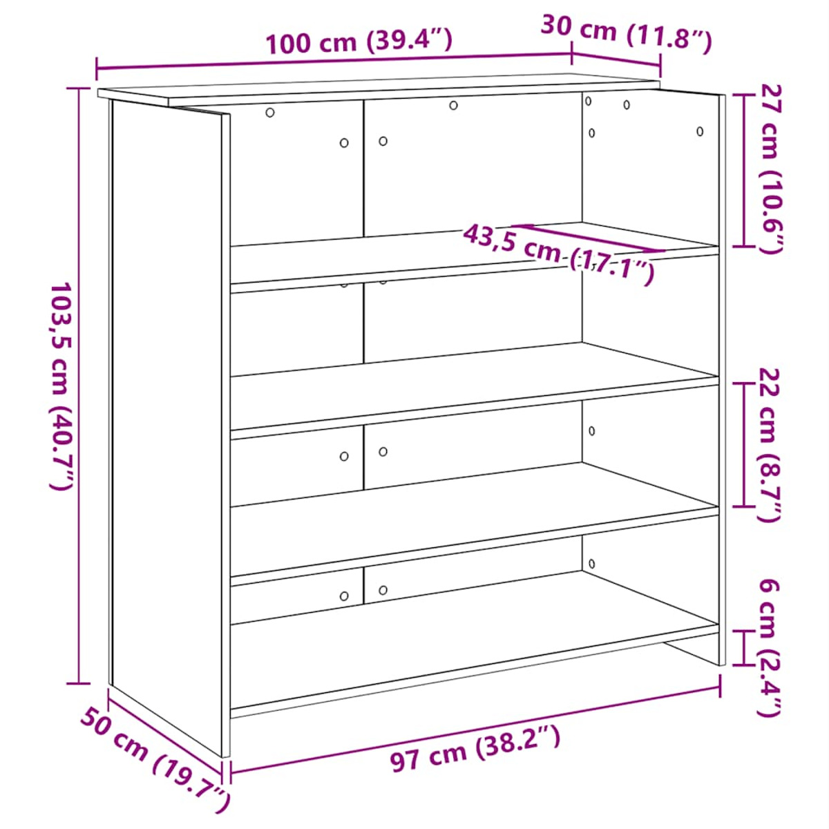 Diagramm eines weißen Schranks mit Abmessungen in Zentimetern.