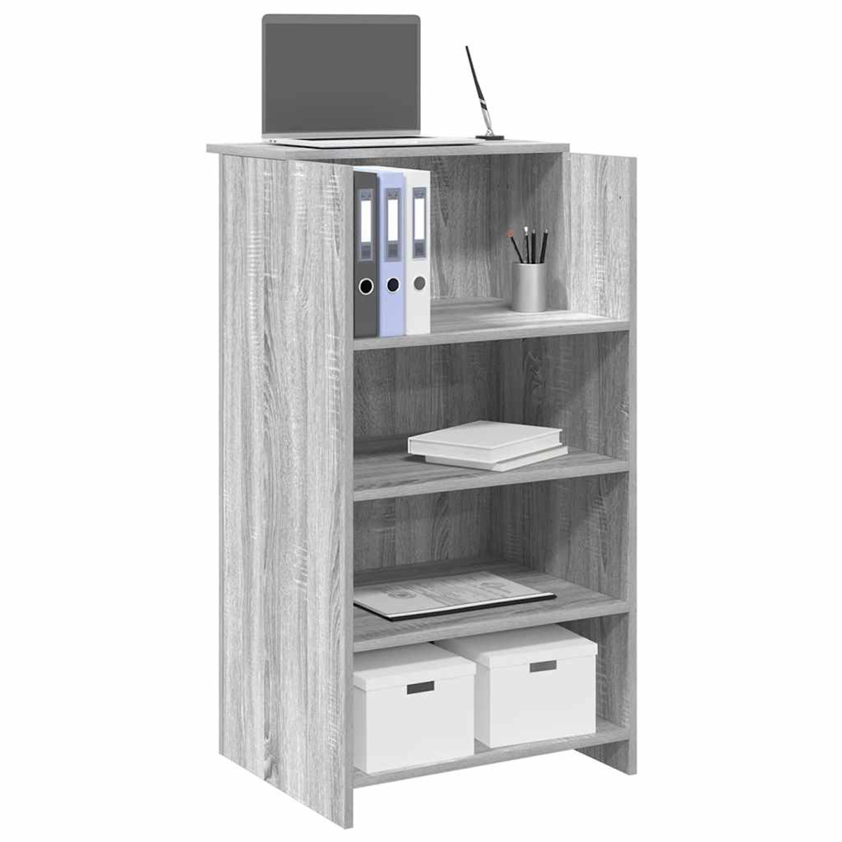 Ein grauer Schrank mit Regalen. Ein Laptop, Ordner, Bücher und Kisten befinden sich auf oder in dem Schrank.