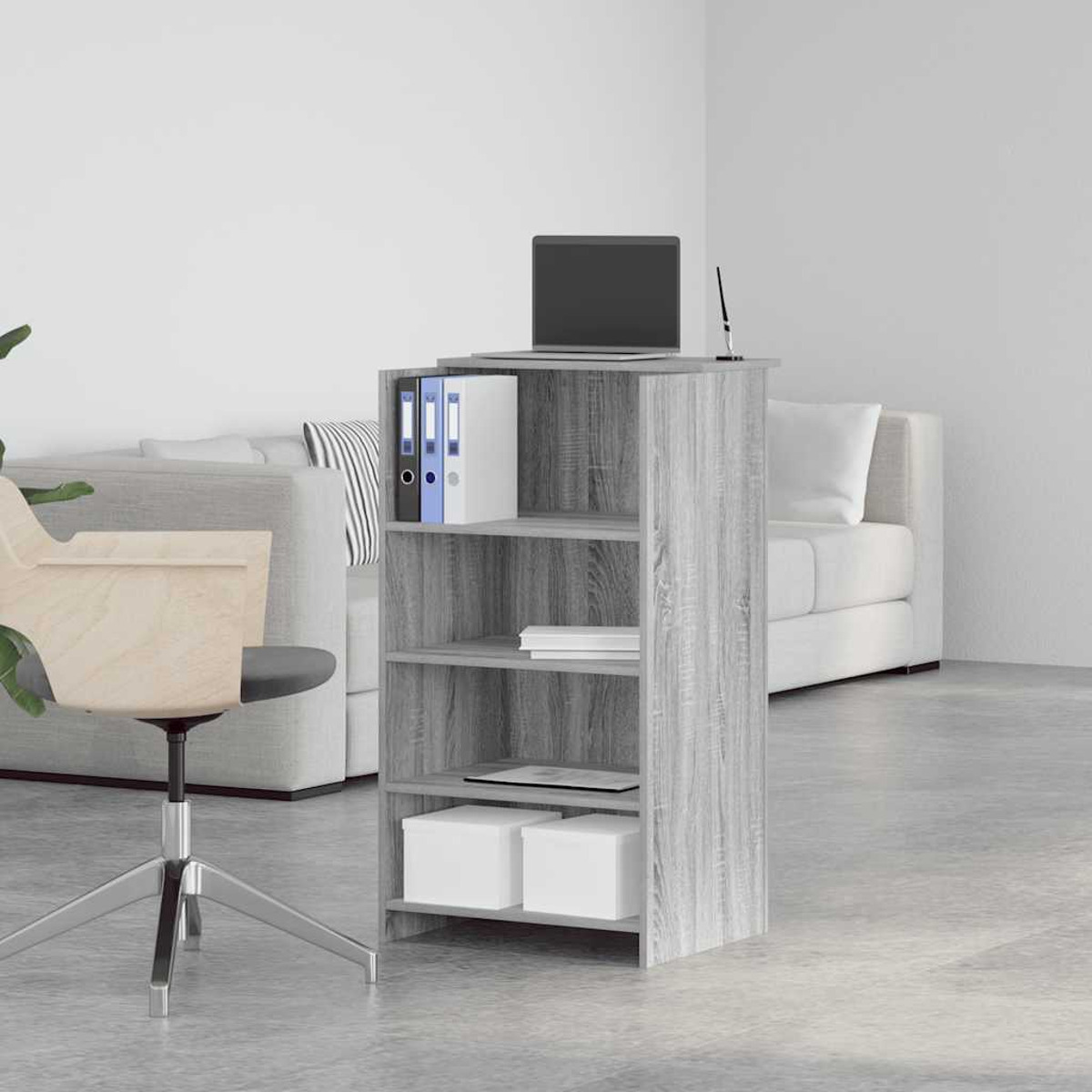 Grauer Holzschrank mit Laptop, Büchern und Ordnern. Innenraum.