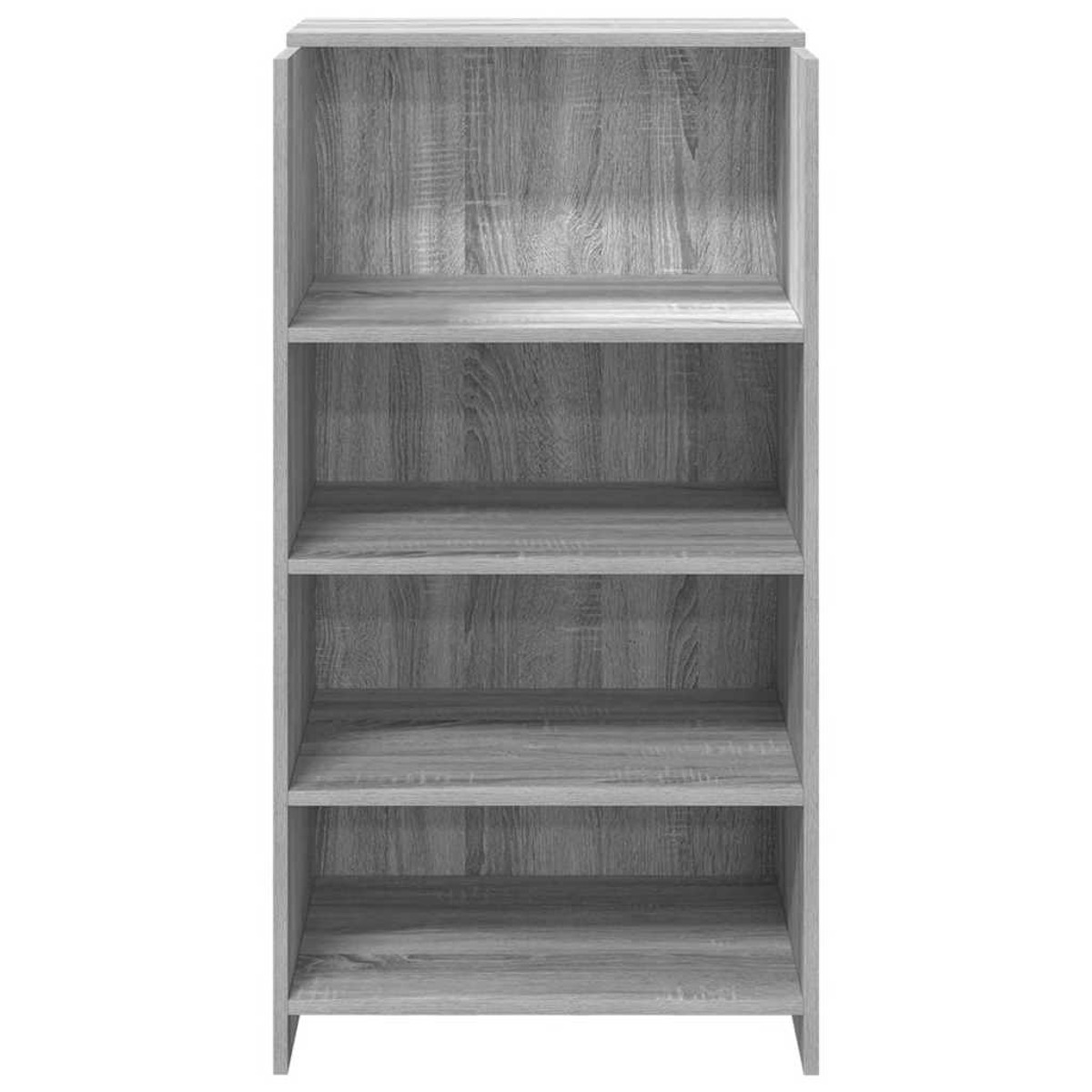 Ein graues Bücherregal mit vier Regalen. Die Regale sind leer. Der Hintergrund ist weiß.