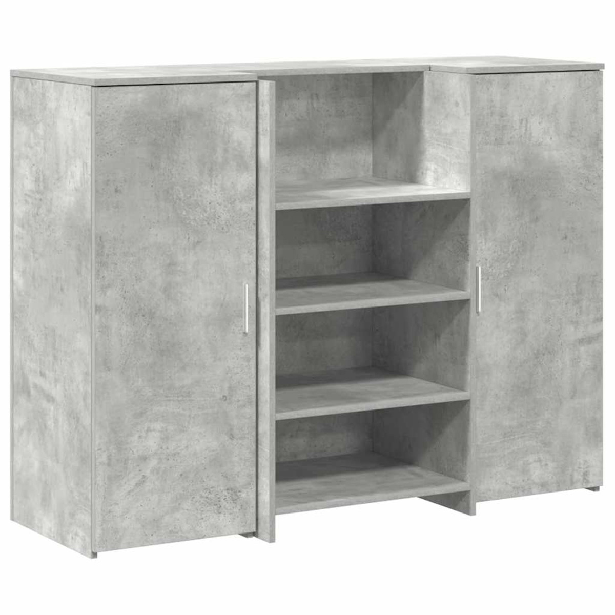 Ein grauer Schrank mit Türen und Regalen. Die Türen sind geschlossen. Betonstruktur.