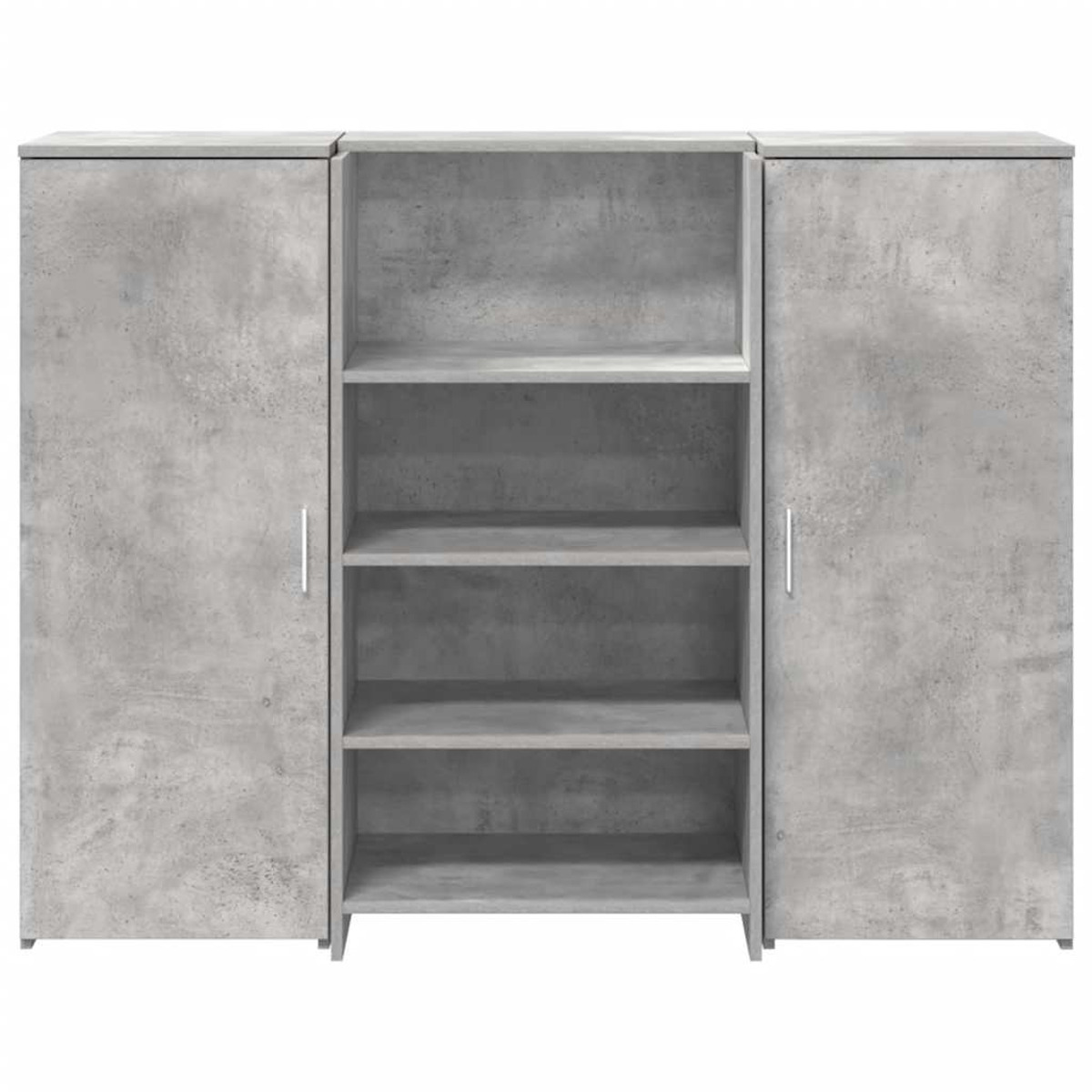 Ein grauer Schrank mit Regalen, mit Türen auf beiden Seiten.