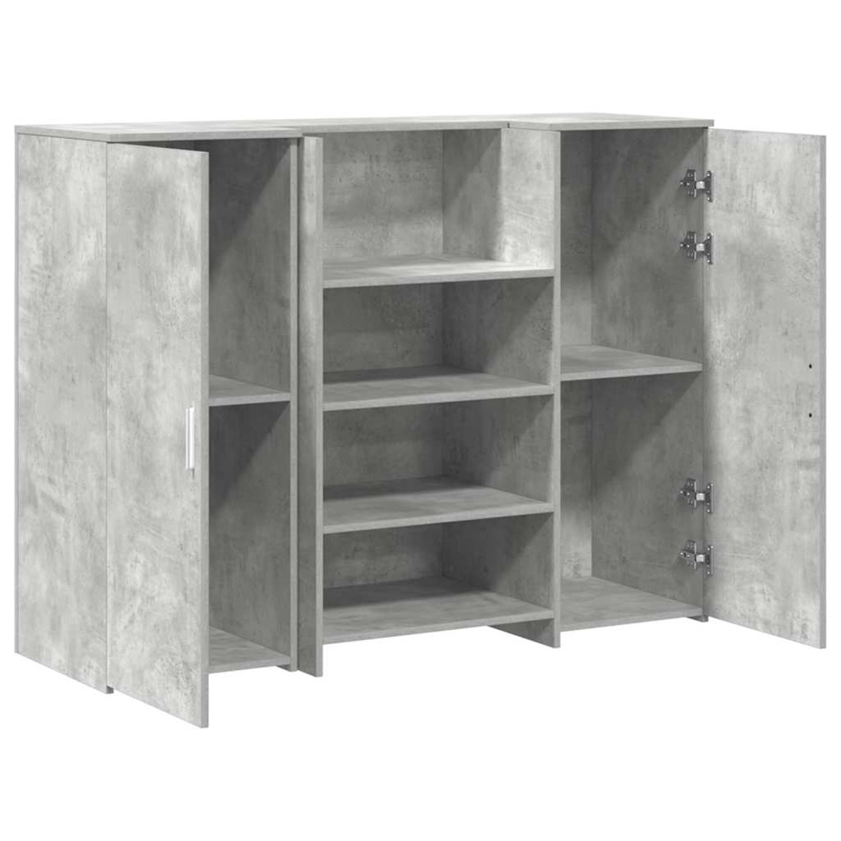 Grauer Schrank mit Regalen hinter Türen. Türen sind geöffnet. Holzstruktur.