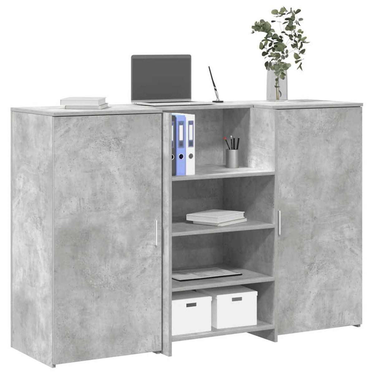 Grauer Schrank mit offenen Regalen, Laptop, Büchern und Dekoration.