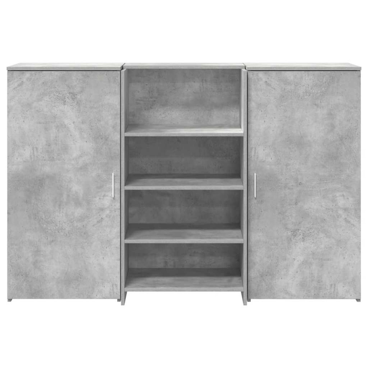 Ein grauer Beton-Schrank mit Türen und Regalen. Der Schrank ist symmetrisch.