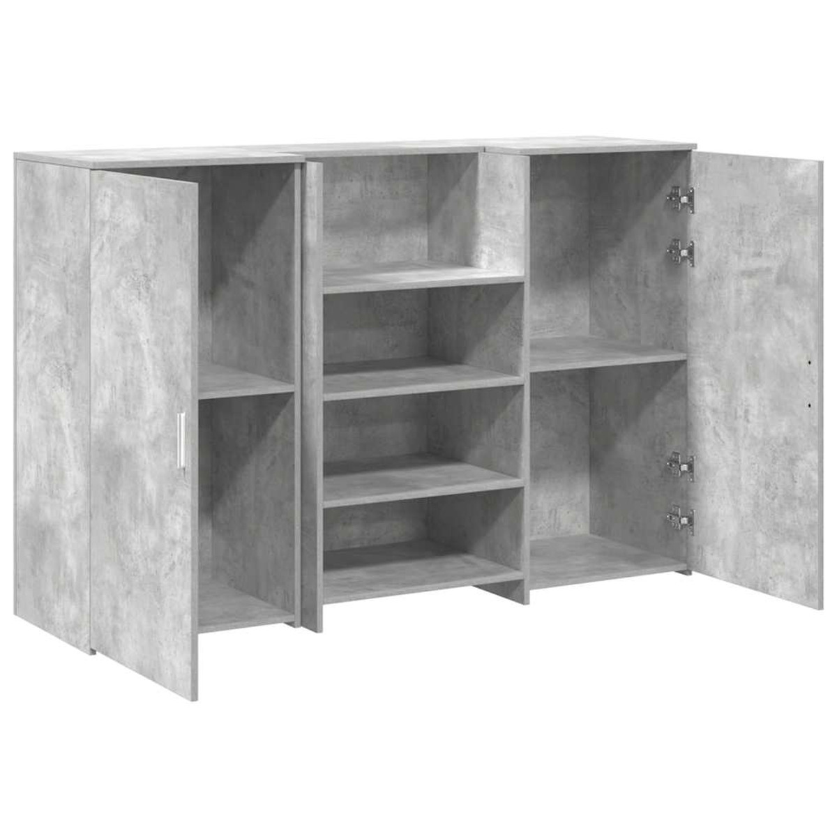 Grauer Schrank mit Regalen. Offene Türen. Betonstruktur, mit Regalen innen.