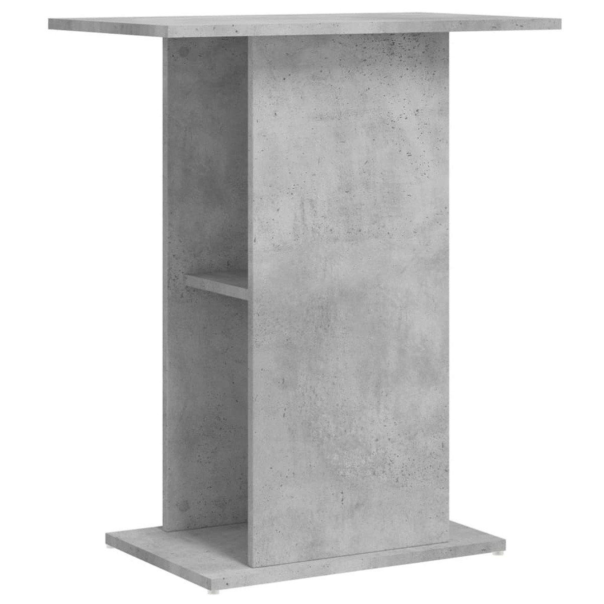 Grauer Betontisch mit quadratischer Platte. Rechteckiger Sockel mit Regal. Modernes Design.