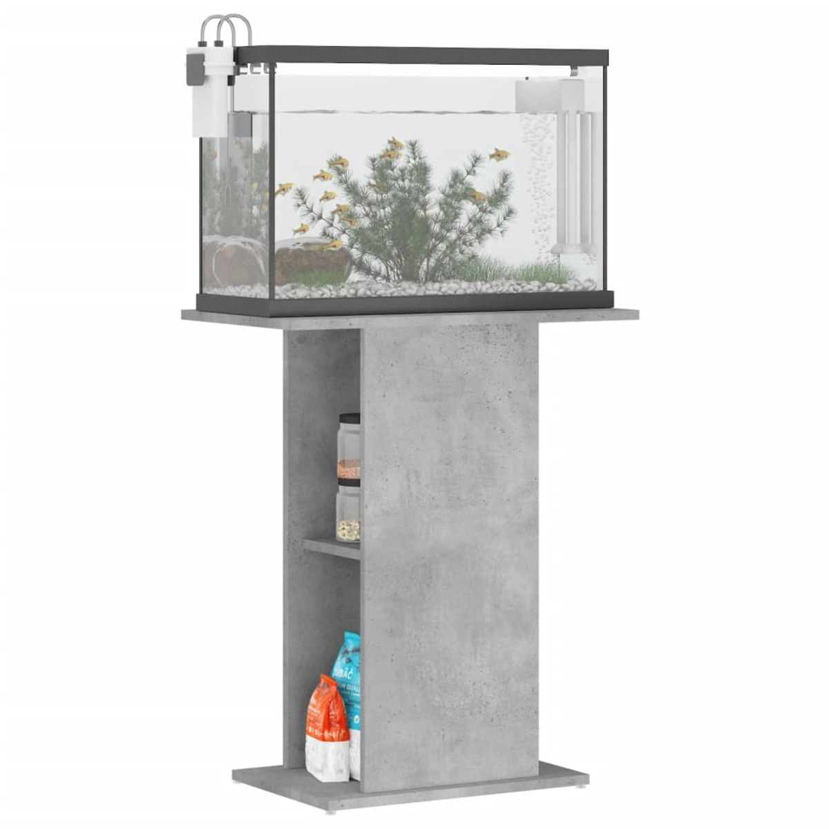 Ein Aquarium auf einem grauen Ständer. Innen sind Pflanzen und Fische. Futter wird gelagert.