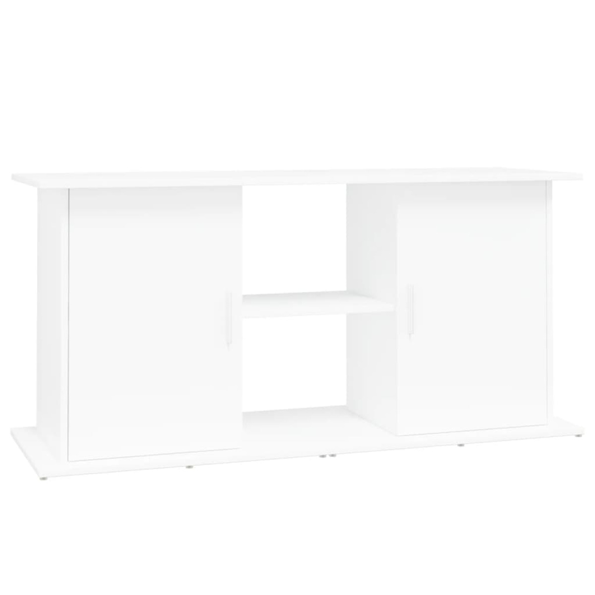 Ein weißer Schrank mit zwei Türen und einem Regal darunter. Die Türen sind geschlossen.