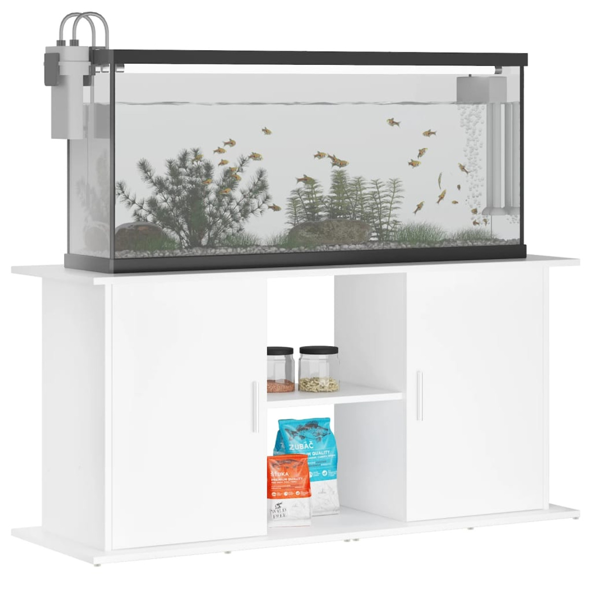 Aquarium auf einem weißen Schrank. Es hat Fische, Pflanzen und einen externen Filter. Futter davor.