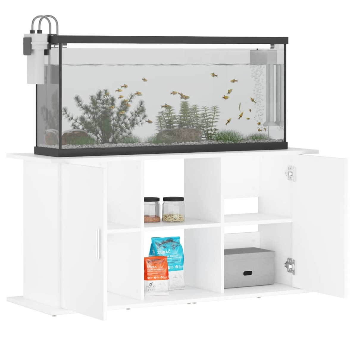 Weißer Schrank mit Aquarium oben. Aquarium mit Fischen und Pflanzen. Weißer Hintergrund.