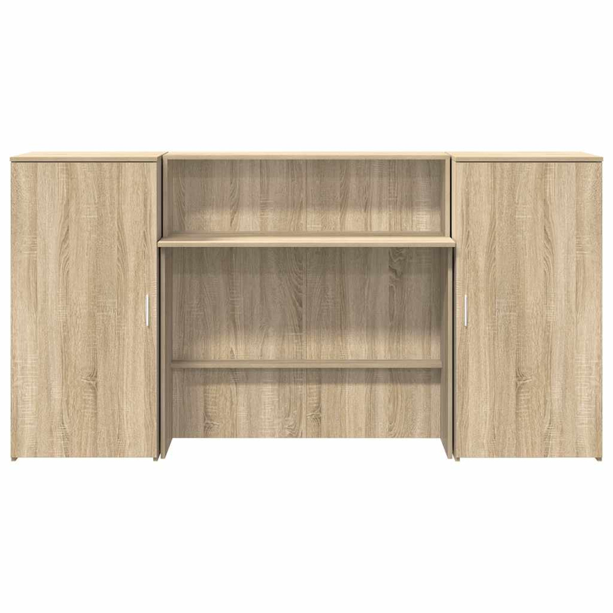 Ein Holzschrank mit zwei Türen und offenen Regalen in der Mitte.