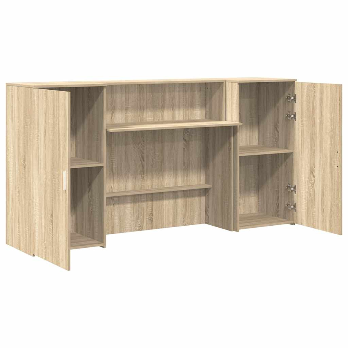 Holzschrank mit offenen Türen. Mehrere Regale sind sichtbar.