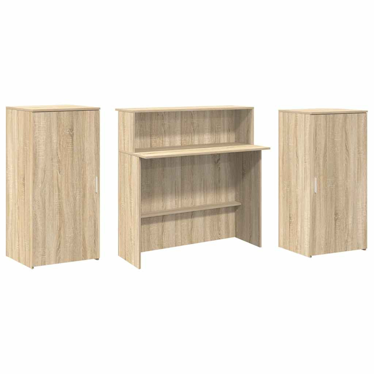 Dreiteiliges Schrankset, zwei Seitenschränke und ein Schreibtisch mit Regal in der Mitte. Holzstruktur.
