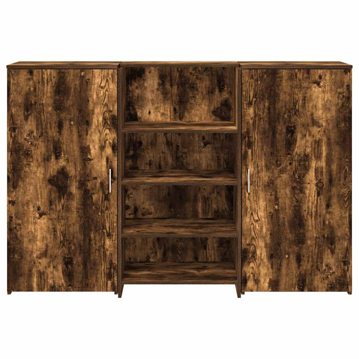 Ein dunkelbrauner Holzschrank mit zwei Türen und offenen Regalen in der Mitte.
