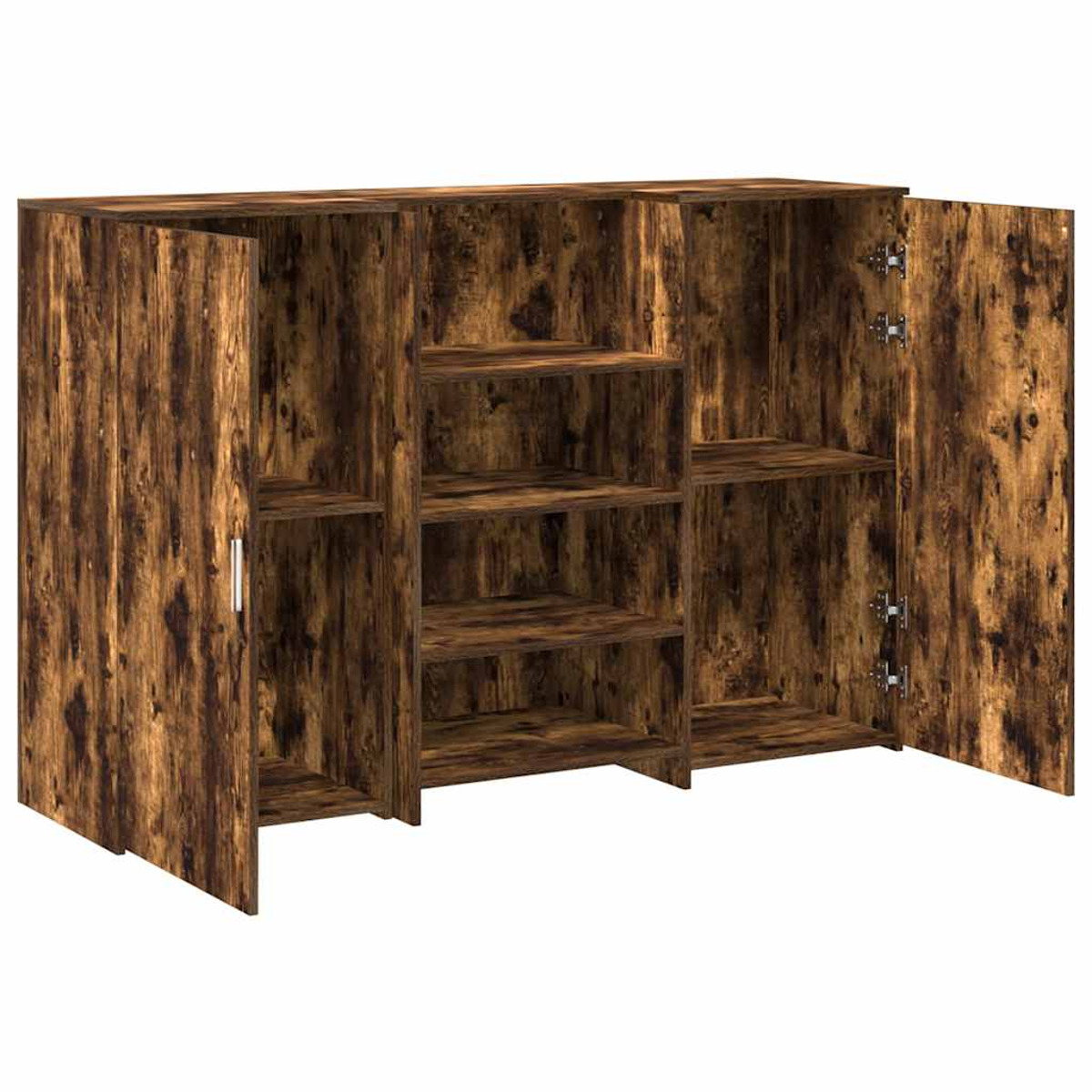 Ein Holzschrank mit geöffneten Türen, die Regale zeigen. Er hat eine Holzmaserung.