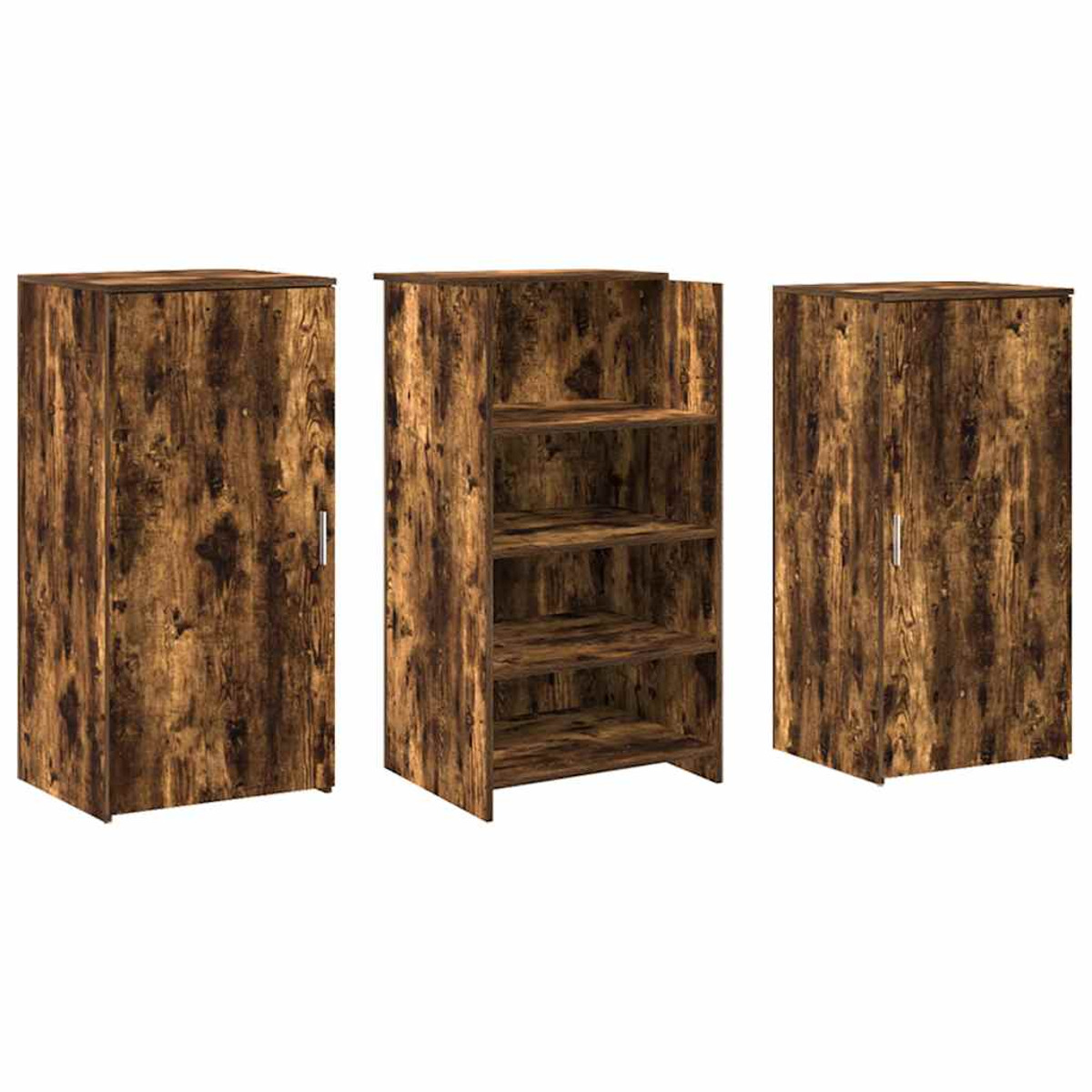 Drei braune Holzschränke, verschiedene Winkel, weißer Hintergrund.