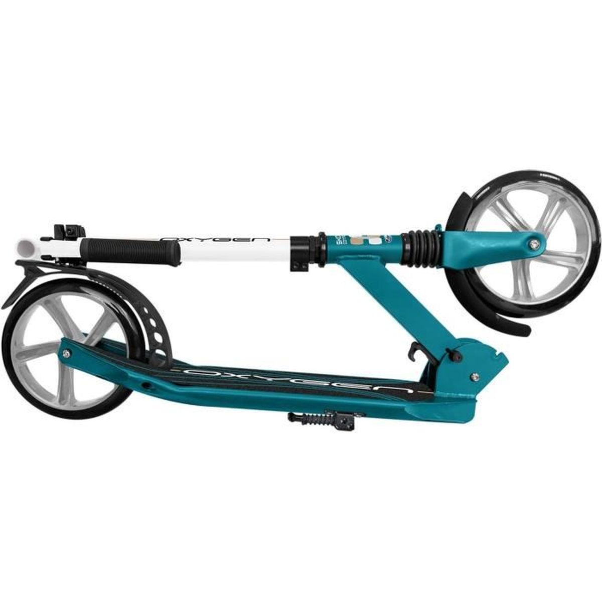Ein türkisfarbener Roller mit zwei Rädern. Er liegt horizontal, Räder und Lenker sichtbar.