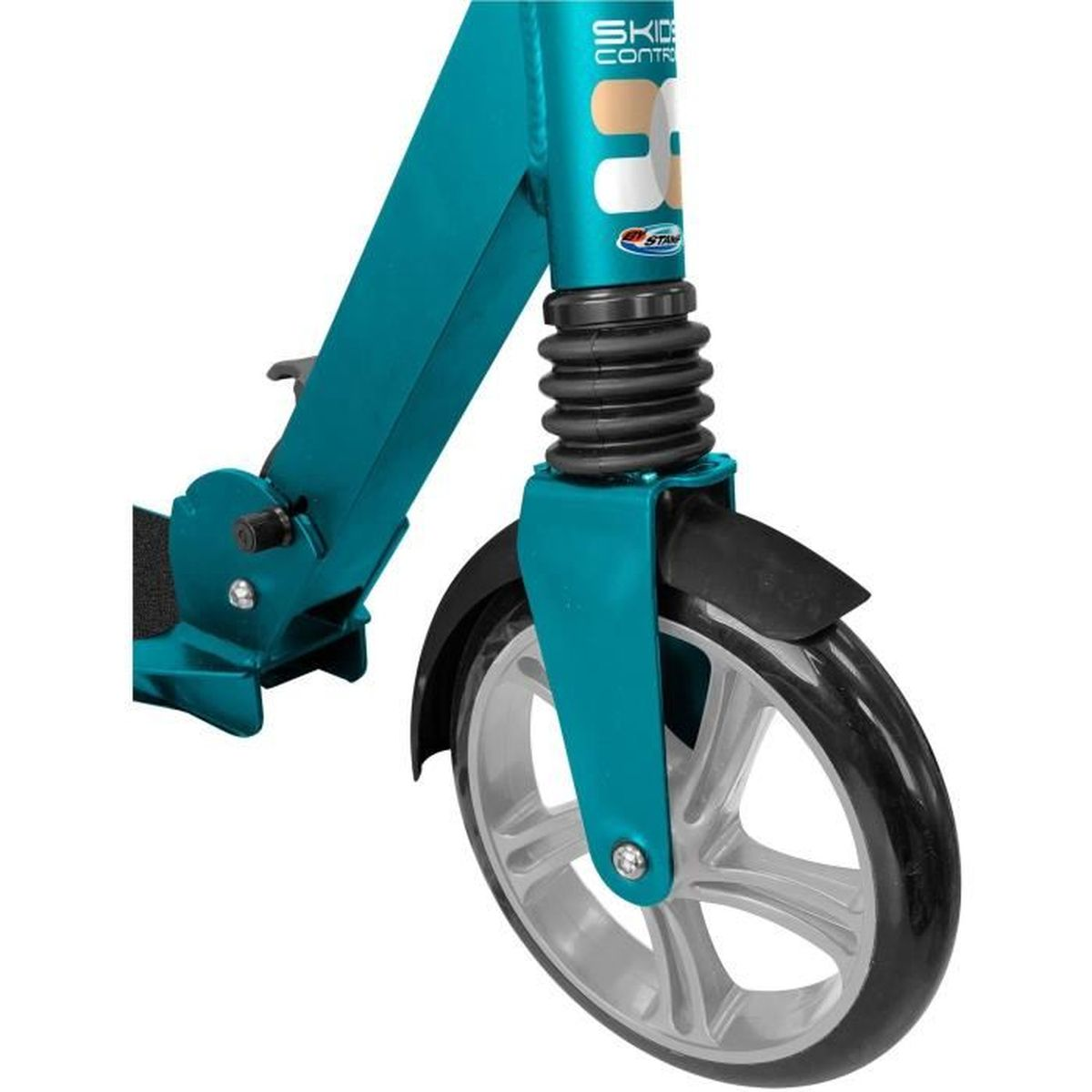 Ein türkisfarbenes Rollerrad und eine Vordergabel. Der Reifen ist schwarz, das Rad grau. Der Rahmen ist sichtbar.