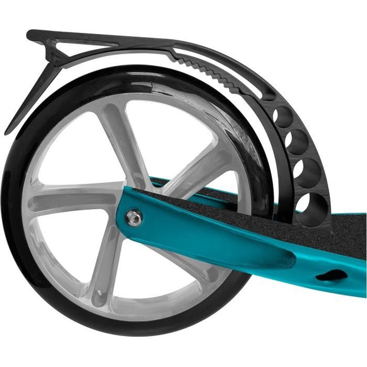 Roller-Rad: Schwarzer Reifen, silberne Speichen, türkisfarbener Rahmen, schwarzer Kotflügel.