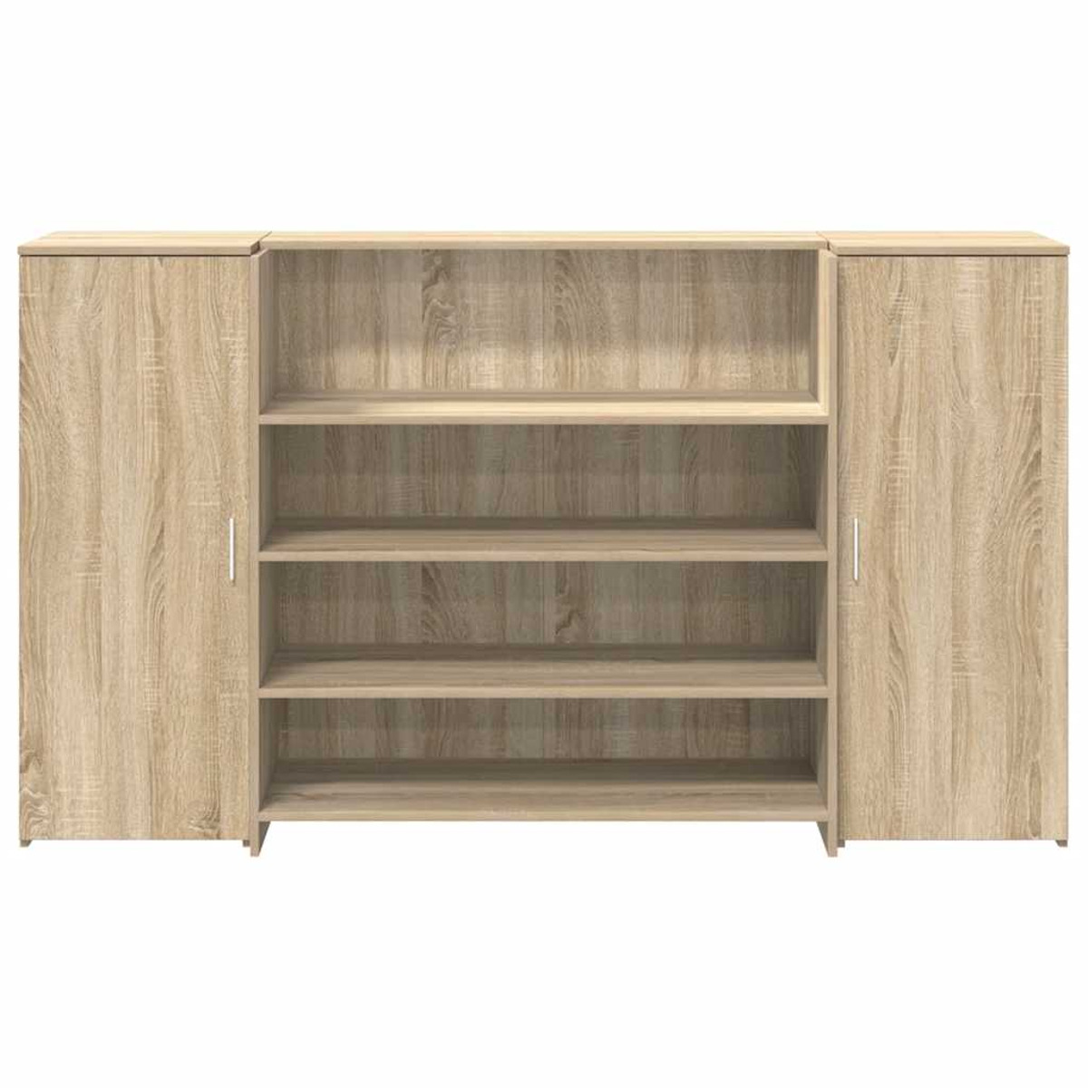 Holzschrank mit Regalen und Türen. Helles Holz, mit vier Regalen und zwei Türen.
