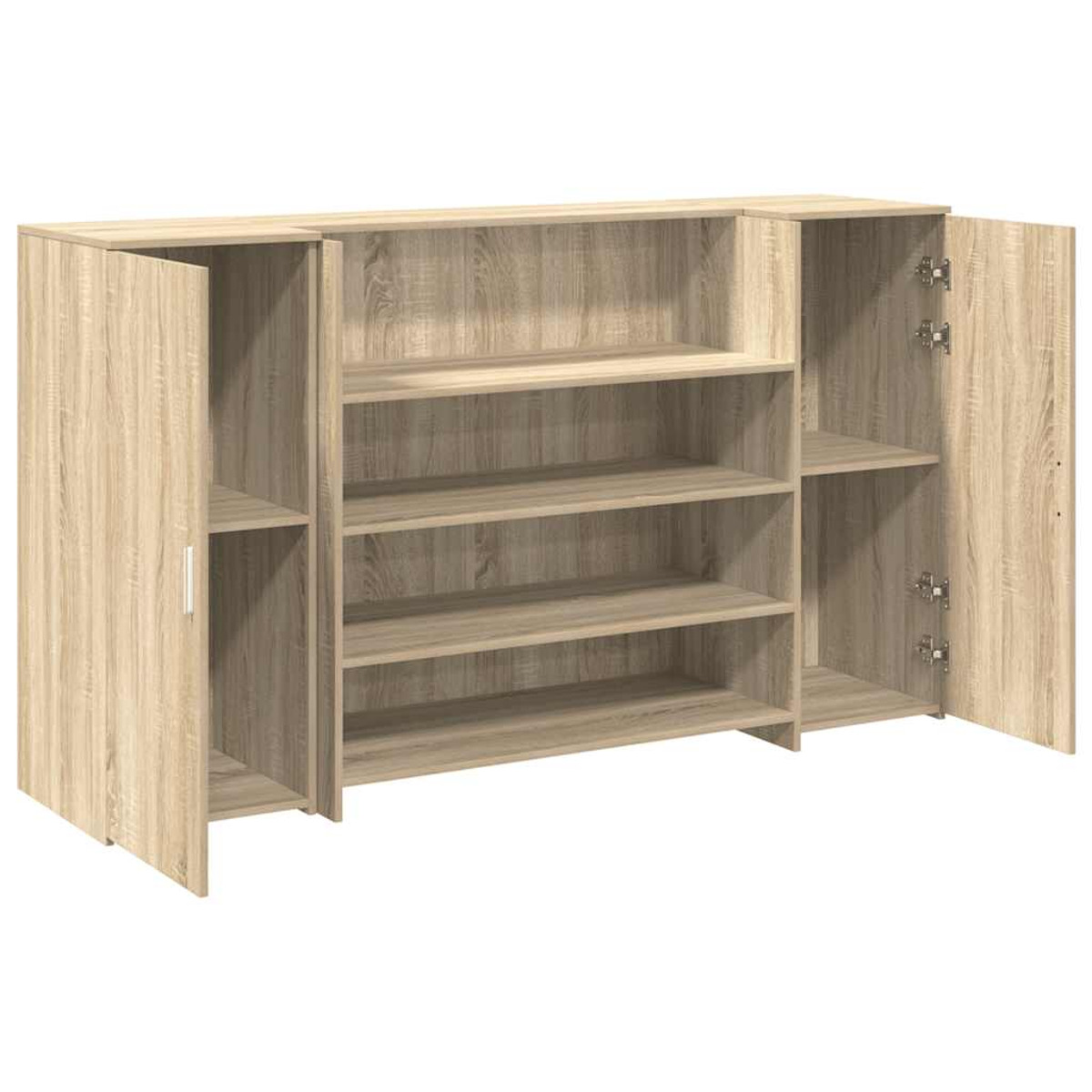 Holzschrank mit Regalen und offenen Türen, Innenregale sichtbar.