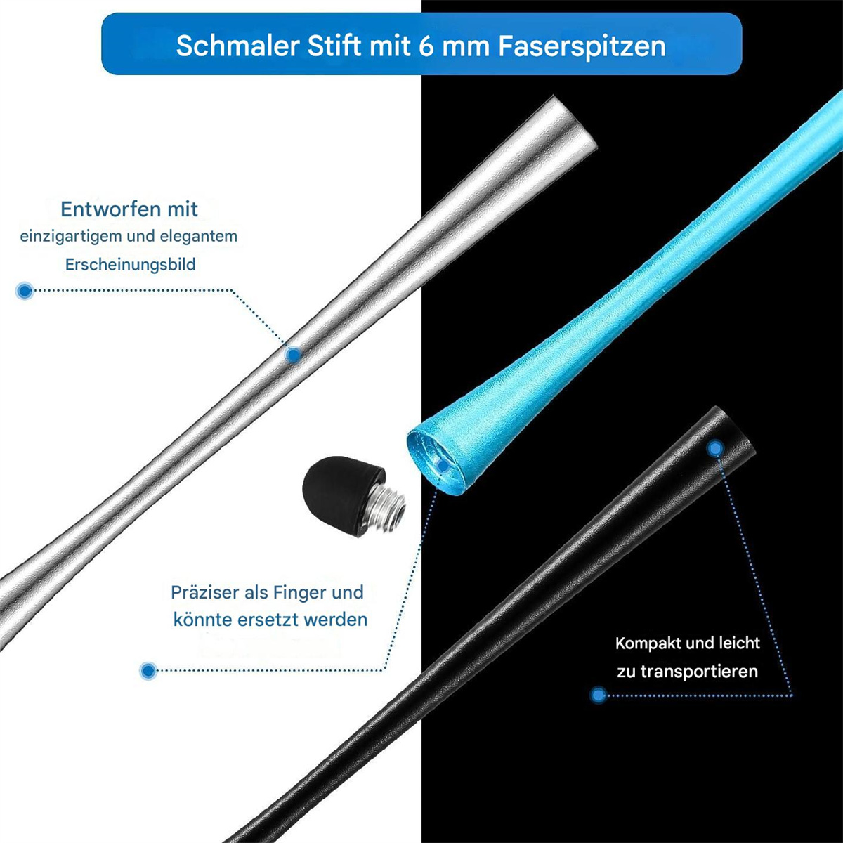 Nahaufnahme eines Stiftes in drei Farben mit deutschem Text.