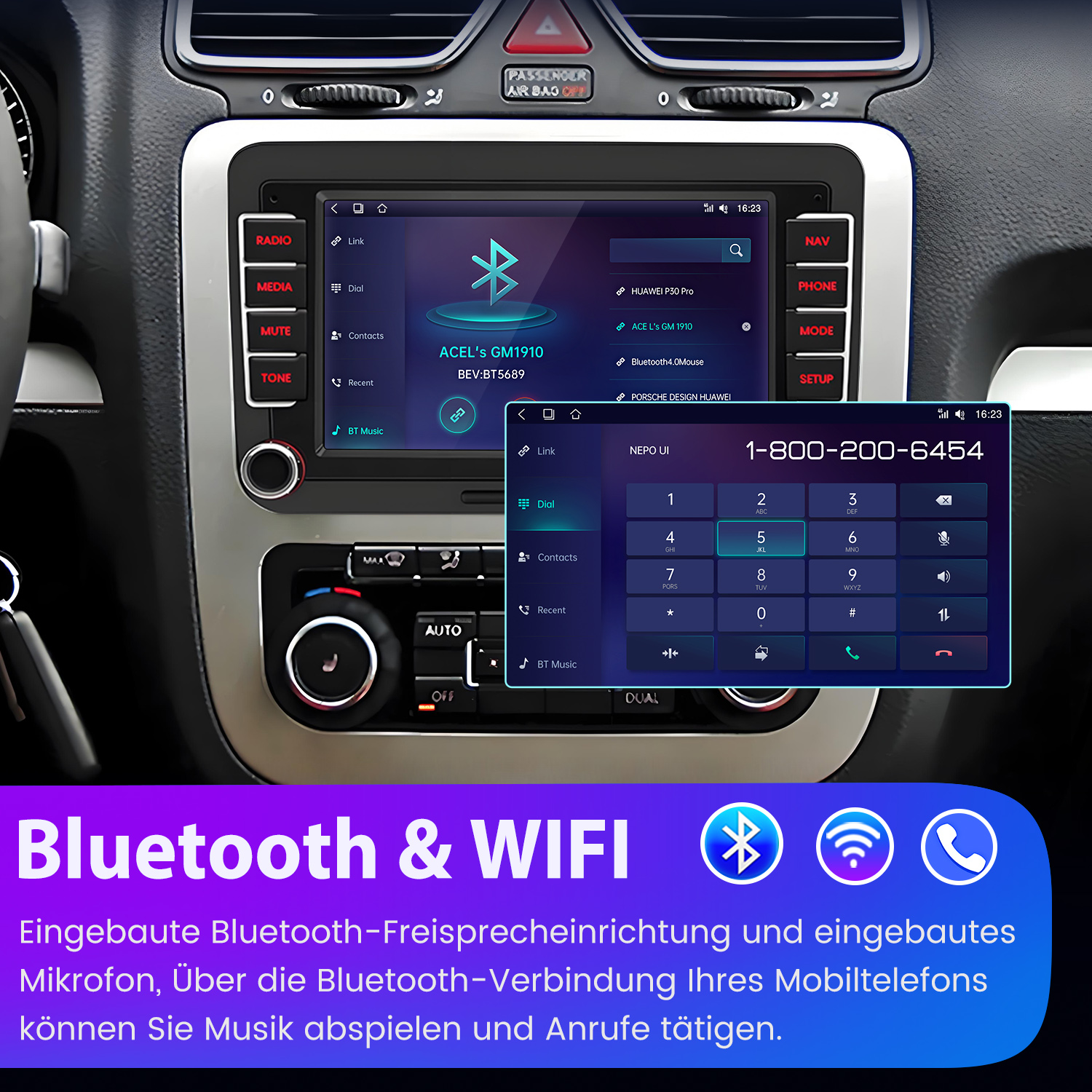 Deska rozdzielcza samochodu z ekranem wyświetlającym opcje Bluetooth i Wi-Fi, z dialerem telefonicznym.