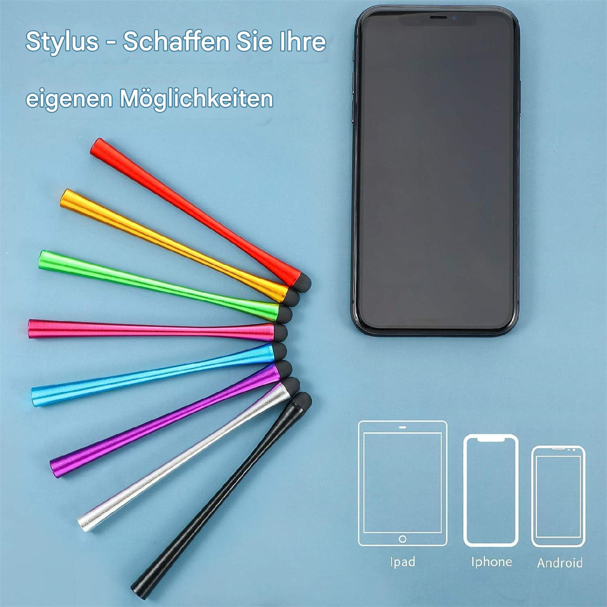 Eine Sammlung bunter Stift-Stifte neben einem Smartphone und Tablets.