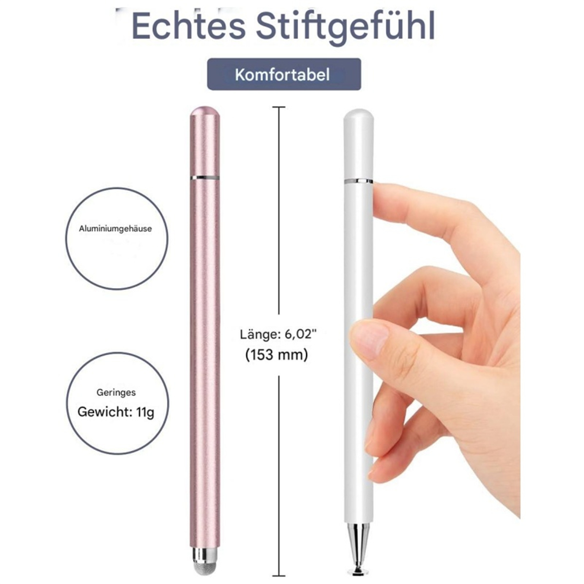 Zwei Stifte, einer rosa und einer weiß, mit deutschem Text. Der rosa Stift hat ein Aluminiumgehäuse.