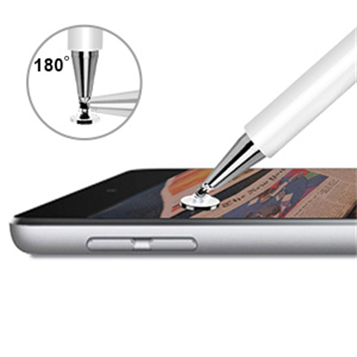 Ein weißer Stift berührt einen Tablet-Bildschirm. Nahaufnahme der Spitze.
