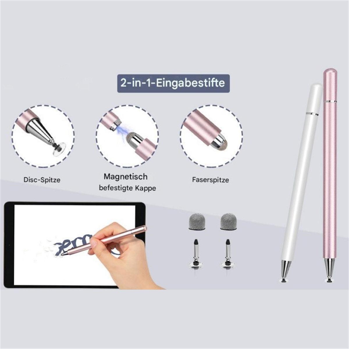 Stylus-Stifte und Zubehör. Ein Tablet zeigt einen Stylus im Einsatz.
