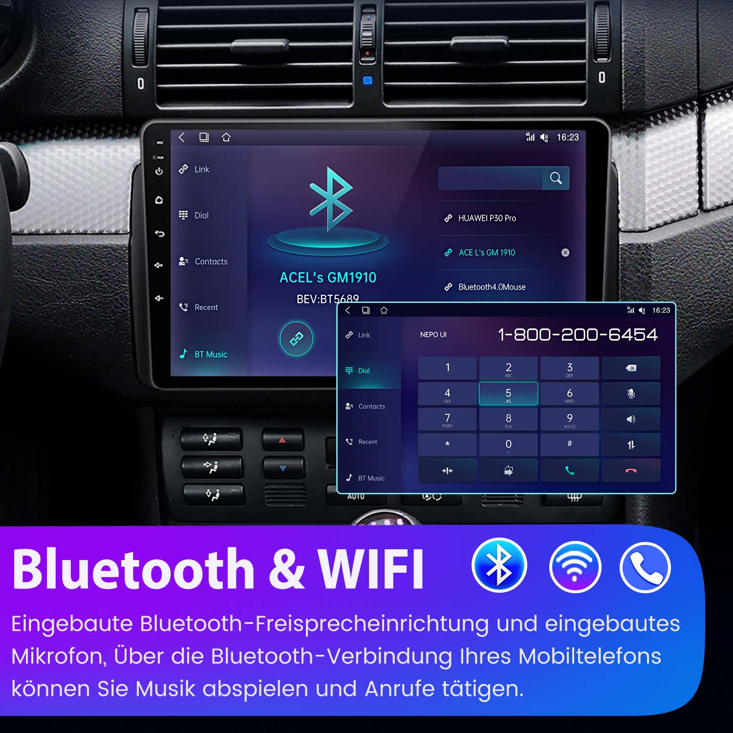 Ekran deski rozdzielczej samochodu wyświetla nawigację i interfejs telefonu. Ikony Bluetooth i WiFi.