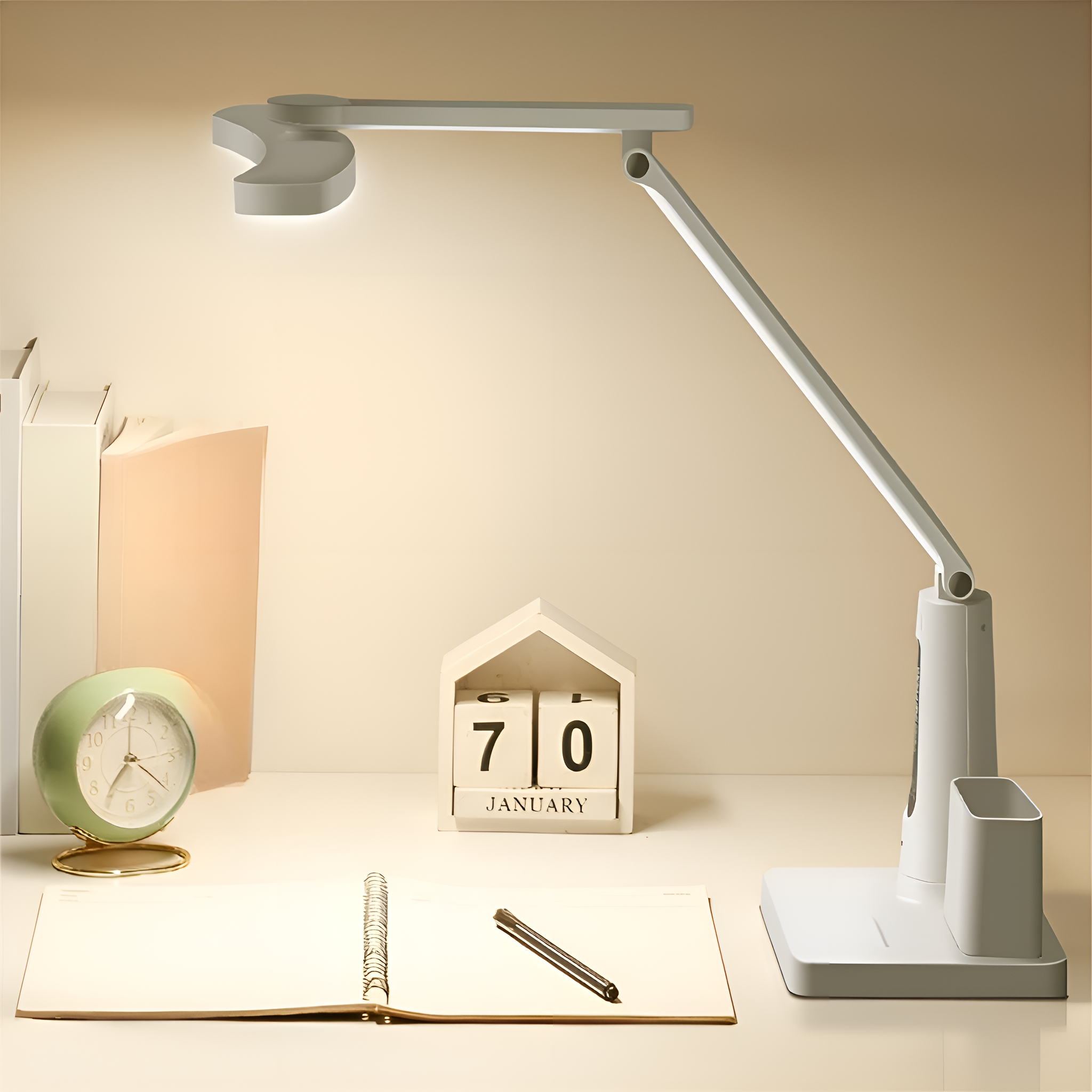 Eine weiße Schreibtischlampe mit Schreibtisch, Notizblock, Uhr und Kalender. Die Szene ist gut beleuchtet.
