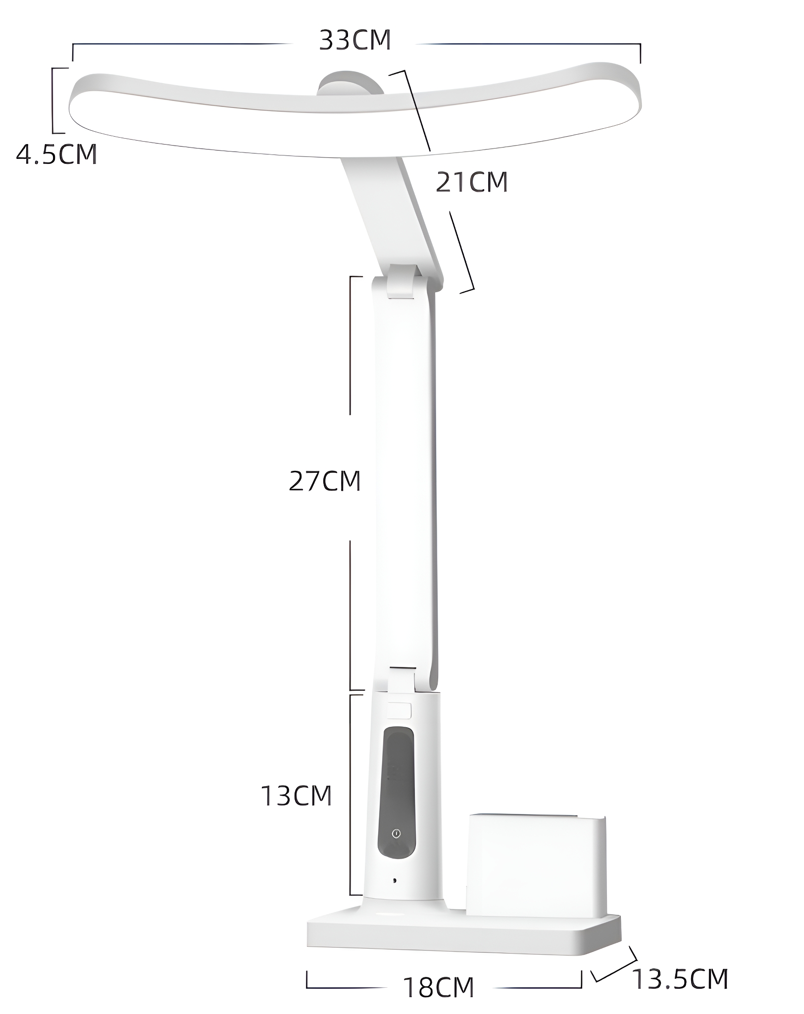 Weiße Schreibtischlampe mit Maßen. Sie hat ein Licht und eine Ladestation.
