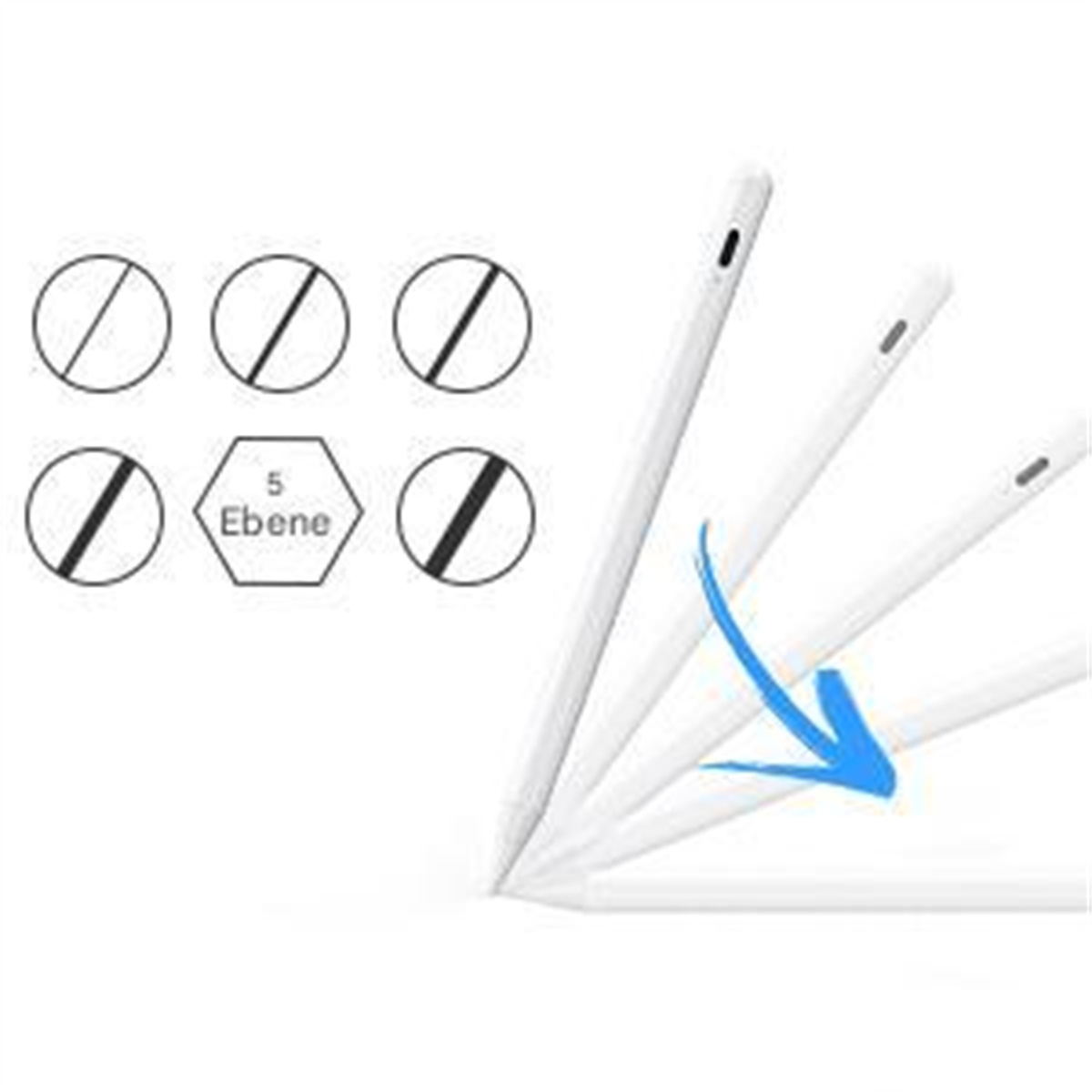 Weißer Apple-Stift mit Kreissymbolen und einem Pfeil, der die Winkeleinstellung zeigt.