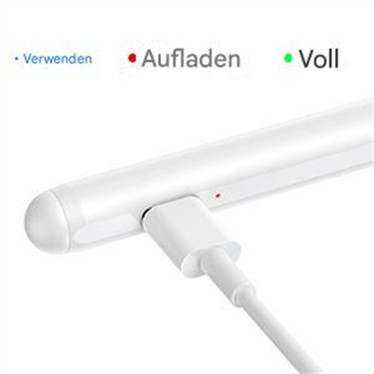 Ein weißer Eingabestift mit angeschlossenem Ladekabel, mit deutschem Text darüber.
