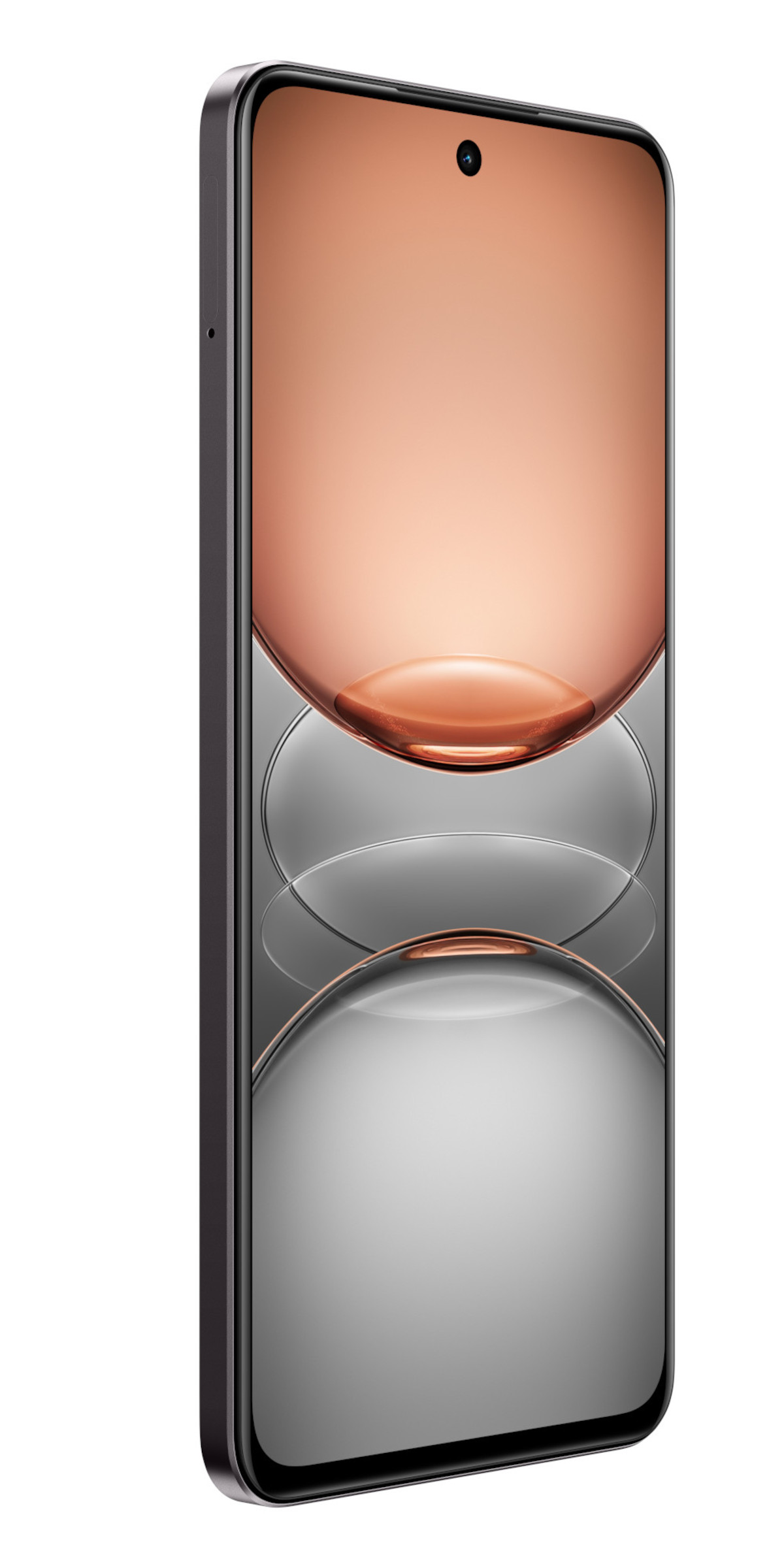 Smartfon z gradientowym wyświetlaczem, oglądany pod kątem, prezentujący elegancki design.