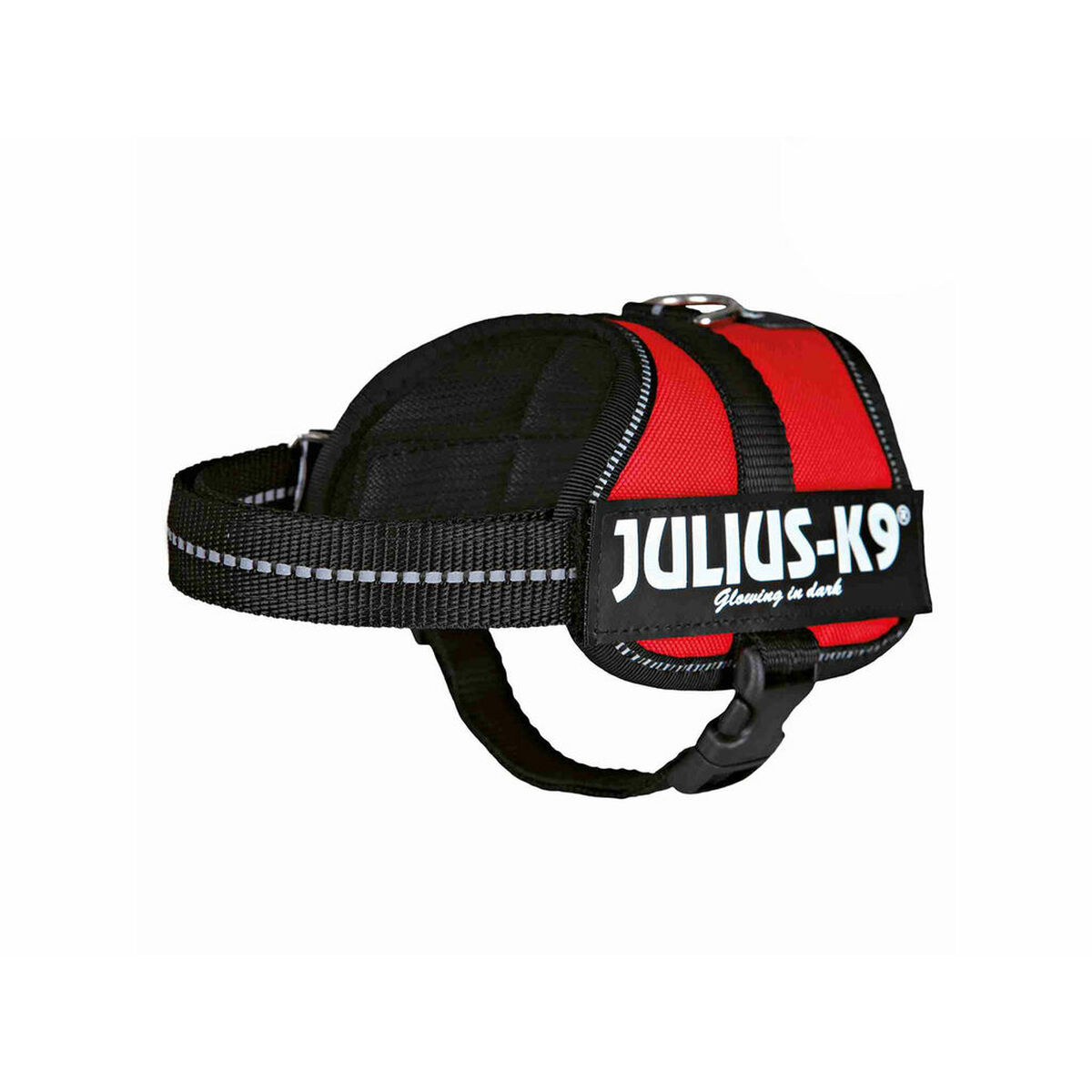 Rotes und schwarzes Hunde-Geschirr mit weißem Logo. Das Geschirr ist auf weißem Hintergrund.