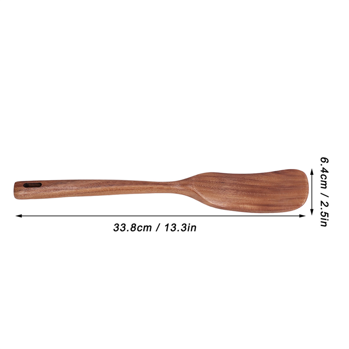 Ein Holzspatel. Er ist braun und hat einen Griff mit einem Loch.