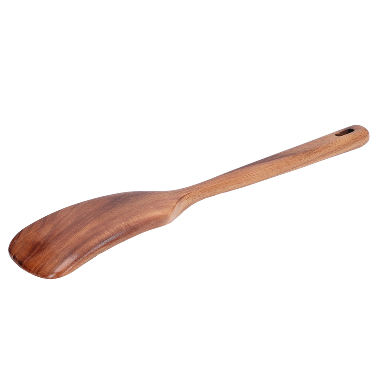 Holzspatel auf weißem Hintergrund. Er hat einen langen Griff und eine gebogene Klinge.