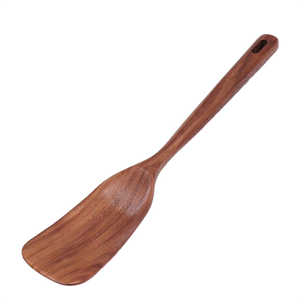 Ein Holzspatel mit langem Griff und breitem, flachen Kopf. Er ist aus dunkelbraunem Holz gefertigt.