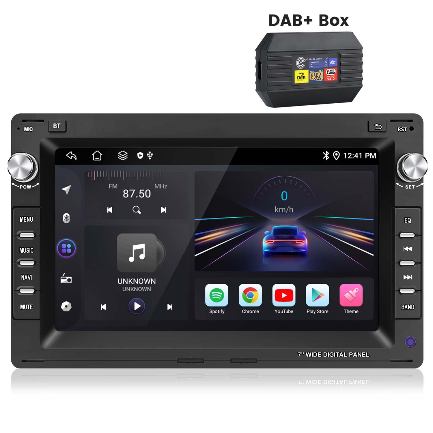 Autoradio mit Bildschirm. Es hat Knöpfe und eine DAB+ Box. Der Bildschirm zeigt Auto und Apps.